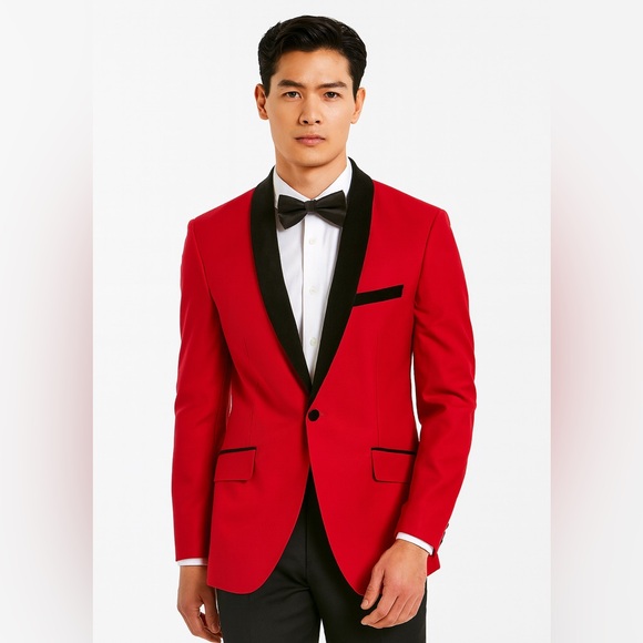 Tazio Other - Tazio Italy‎ Mens 44L Red Jacket Black Velvet Trim Tuxedo Blazer Holiday Formal